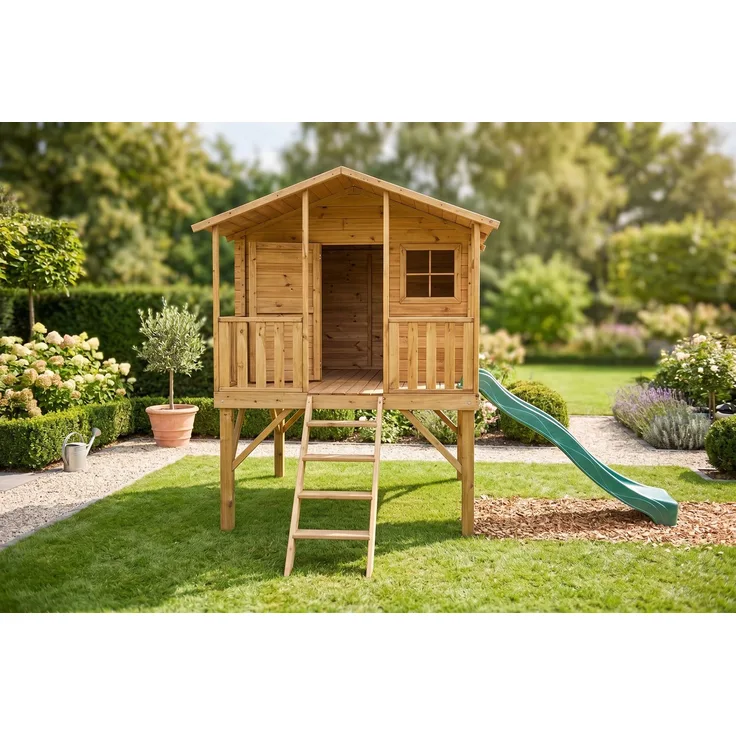 Kinderspielhaus 235 x 190 x 283 Spielhaus Holz-Gartenhaus Rutsche #3997
