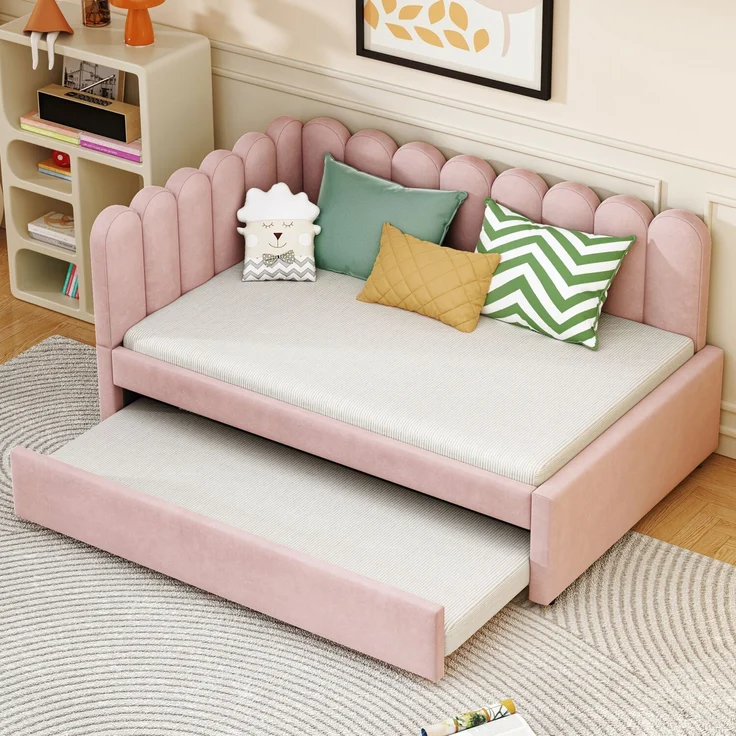 Merax Daybett Polsterbett 140x200cm mit Ausziehbett, Schlafsofa Tagesbett mit Austauschbarer Armlehne, Jugendbett Kinderbett mit Lattenrost, Samt, Rosa – Bild 2