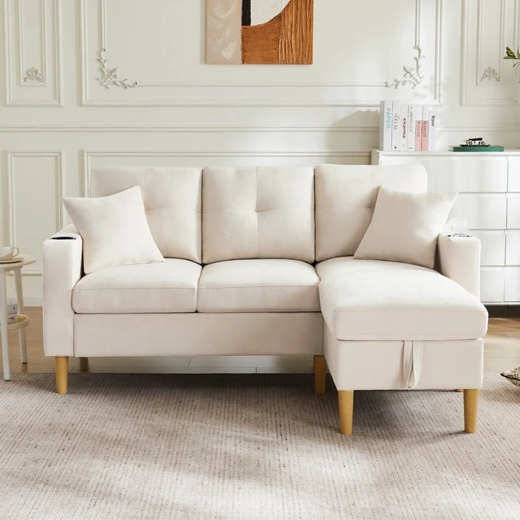 Merax 3-Sitzer Ecksofa Eckcouch in L-Form Eckgarnitur, L-förmiges Sofa aus Baumwoll- und Leinenstoff, 175*129*90cm 1 Teile, 3-Sitzer-Sofa mit integriertem Stauraum, Getränkehaltern und 2 Kissen – Bild 2