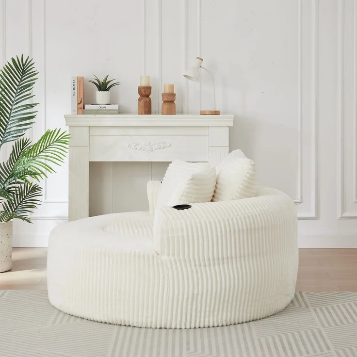 Rundes Loungesofa aus Cord, Einzelsitz Sitzsack Liegestuhl mit 3 Kissen, 2 Getränkehaltern, Seitenaufbewahrung, Rutschfest, Bequemes Relaxsofa für Wohnzimmer Schlafzimmer--Beige--146x29x32cm--YOUDENOVA – Bild 4