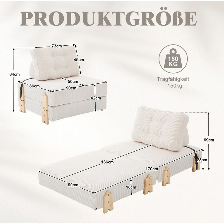 Schlafsessel aus Cord, klappbar mit Holzgestell, 90x86x84 cm, Beige – Bild 3