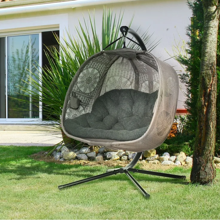 Hängesessel für 2 Personen mit Stahlgestell, faltbar, 132x126x172 cm, Sand
