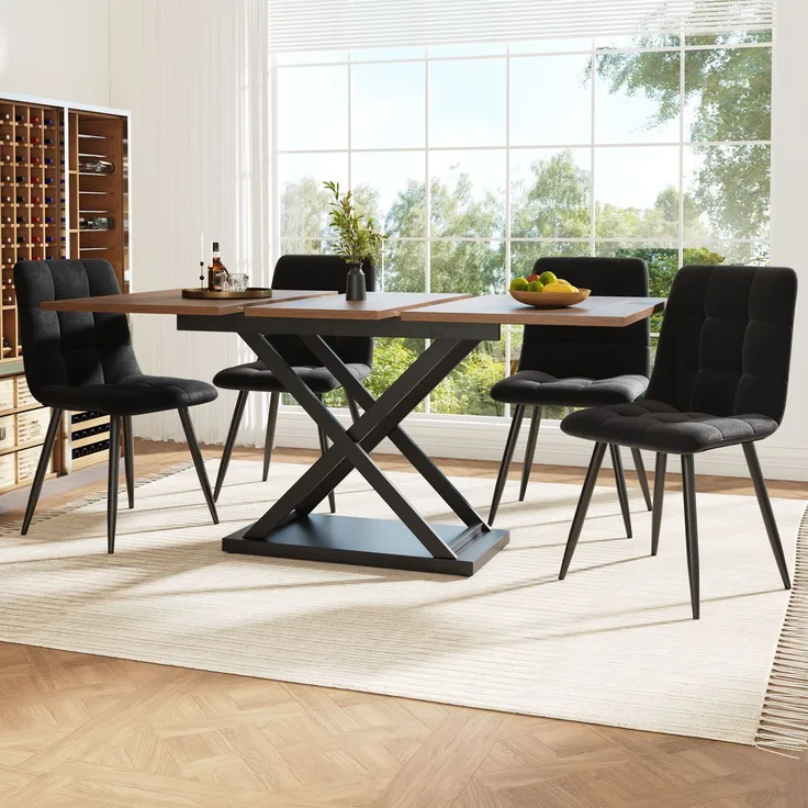 Esstisch Set mit 4 Stühlen Ausziehtisch 120-160x80 cm Metallkreuzbeine Samtstühle Essgruppe Küchentisch Esszimmer Walnuss & Schwarz