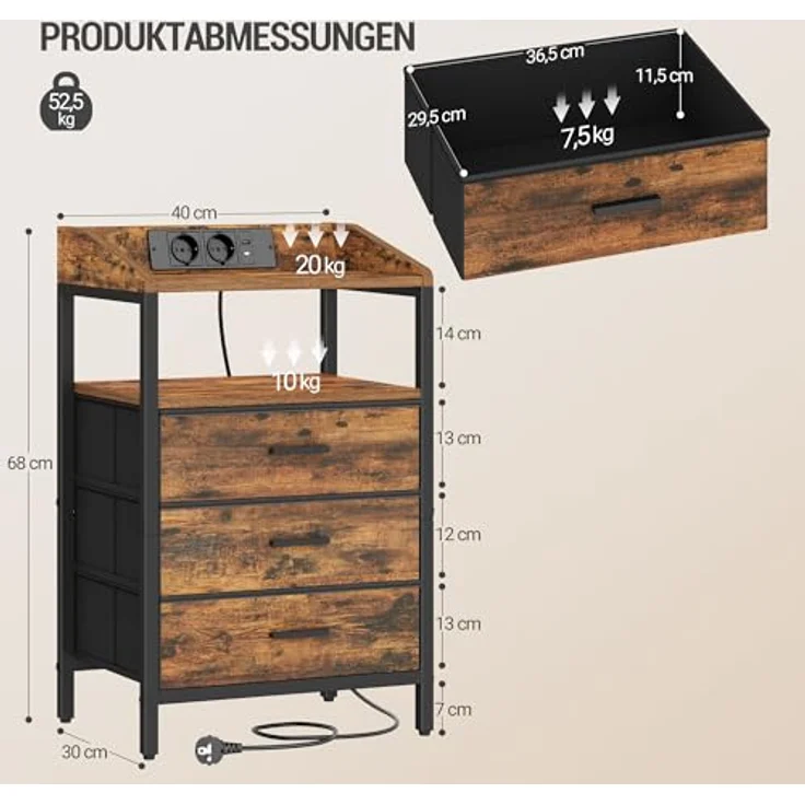 Nachttisch mit LED-Leuchten und ladefunktion, Beistelltisch mit 3 Stoff-Schubladen mit USB-Anschlüssen & Steckdosen, für Schlafzimmer, Wohnzimmer, Schwarz – Bild 3
