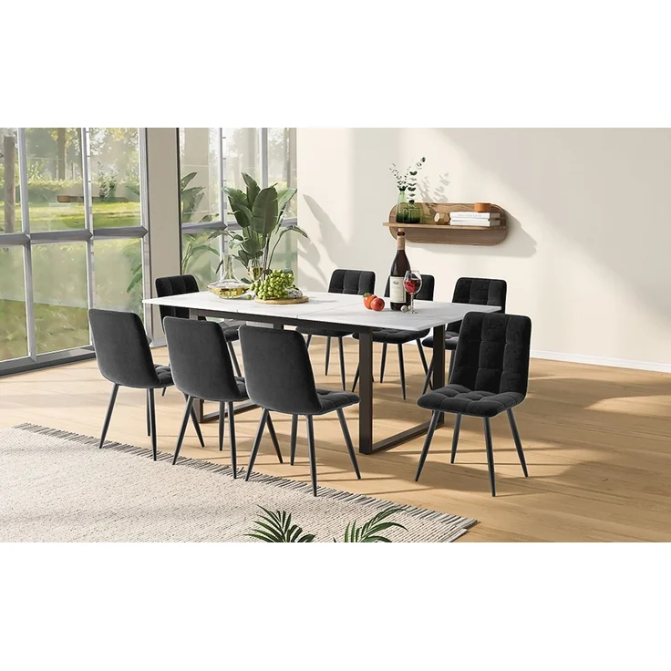 Esstischgruppe 140/180 x 80 x 75 cm, ausziehbar, MDF in Weiß mit Metallbeinen, mit 8 Stühlen – Bild 2