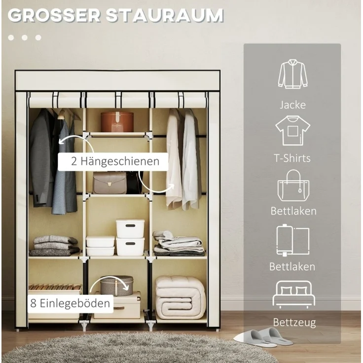 CHICFURN Kleiderschrank 125x162,5x43 cm aus Vliesstoff mit 2 Kleiderstangen und 8 Einlegeböden – cremeweiß – Bild 4