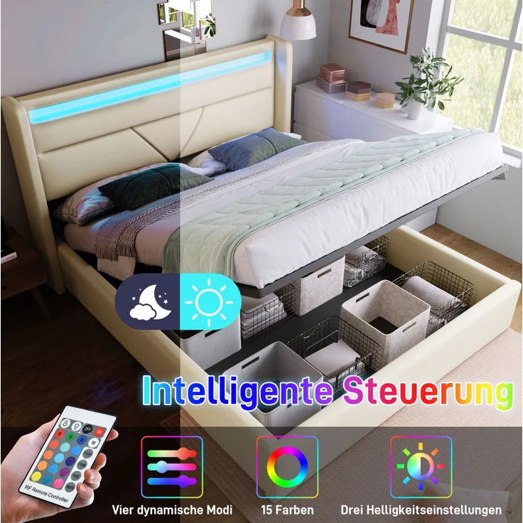 CHICFURN Polsterbett aus PU, Weiß, 160x200 cm, mit hydraulischem Stauraumbett und LED-Beleuchtung – Bild 4