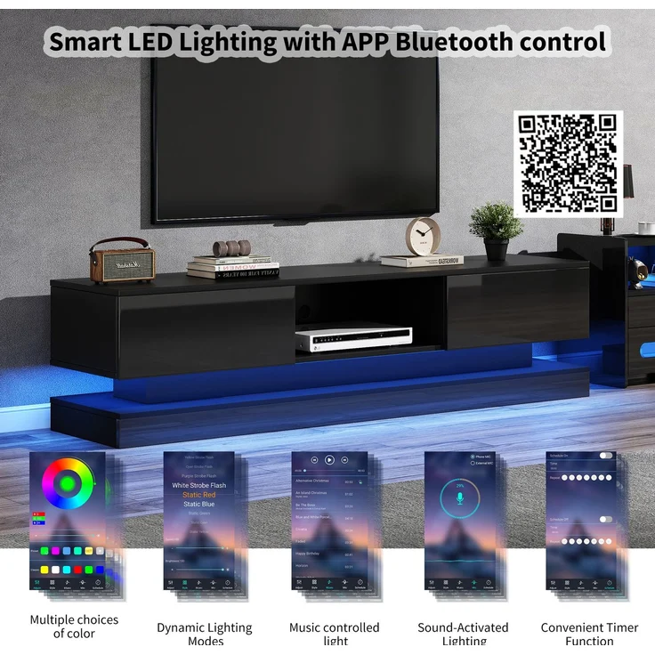 Merax 160*35*40,5 cm Schwarzer Hochglanz-TV-Ständer mit LED-Beleuchtung, 2 Schubladen, Anwendungssteuerung, Anti-Kipp-Design, geeignet für 60-Zoll-Fernseher, TV-Schränke, TV-lowboard – Bild 7