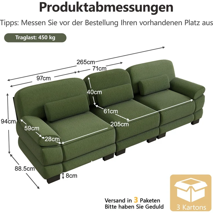 3-Sitzer-Modulsofa 265x88,5x94 cm aus grünem Cord mit Lendenkissen – Bild 4