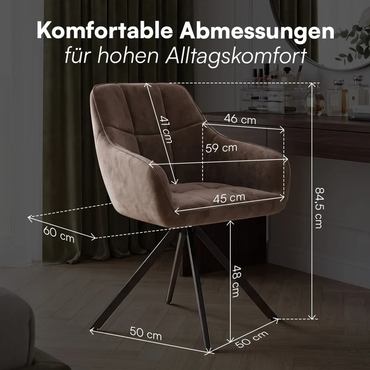 skølm 'Sköll' Esszimmerstühle, 4er Set, dunkelbraun, gepolstert mit Samt-Bezug, höhenverstellbar & drehbar, Polsterstühle mit Armlehnen, bis 150 kg belastbar – Bild 8
