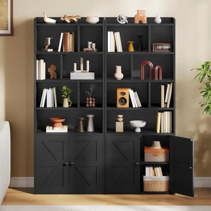 YITAHOME 4-stöckiges Bücherregal mit Türen und Schrank, freistehendes Bücherregal mit offenen Fächern für Zuhause, Büro, Wohnzimmer und Schlafzimmer, Schwarz, 60 x 30 x 159 cm – Bild 3
