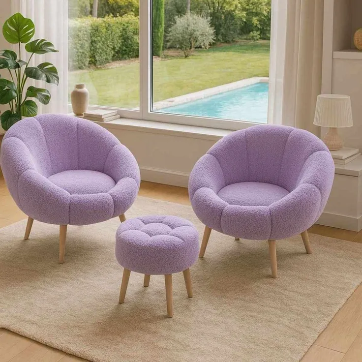 Hanah Home Elegantes Ohrensessel- und Hocker-Set (3-teilig), Flieder, 100% Wellssoft-Gewebe, Beine aus 100% Esche | Moderner Komfort & Stil