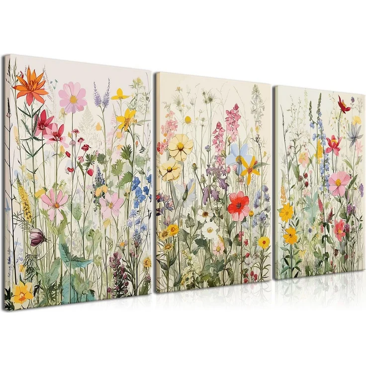 Zyronn Leinwandbild HortensieLeinwand Wandkunst, Aquarell Blumen Wandbilder, Bunte, (3 St), Wildblumen Bilder, Wanddekoration, Botanische Deko – Bild 1