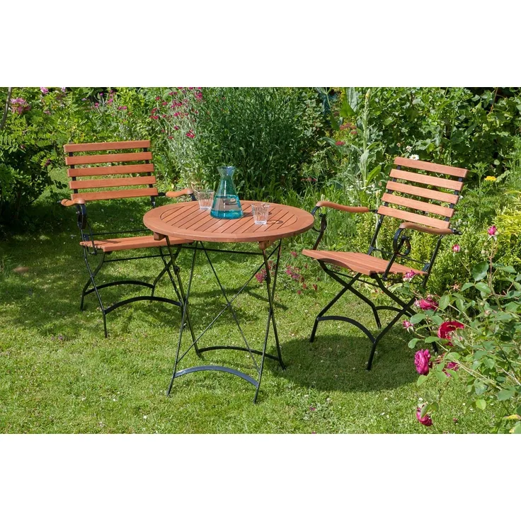 Schlossgarten Set 3tlg, 2 Klappsessel, Klapptisch Ã˜ 70 cm, Flachstahl/Eukalyptus