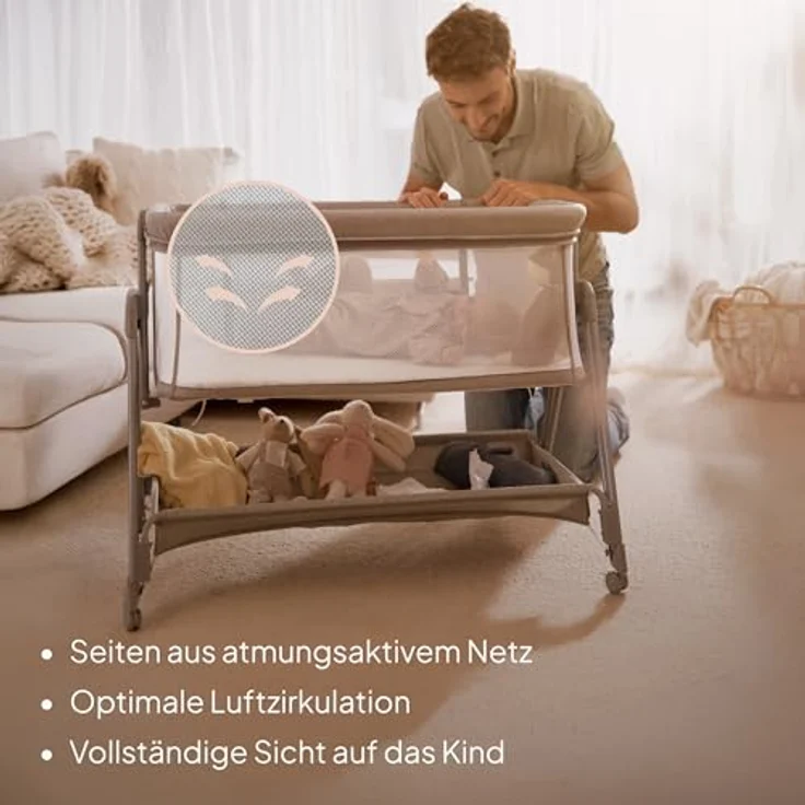 Lionelo Luna EIN tragbares Beistellbett mit Einer Matratze, reisebett, von Neugeboren bis 9 kg, in der Höhe und der Neigung verstellbar, 4 Rädern mit Bremse, Befestigung zum Elternbett – Bild 6