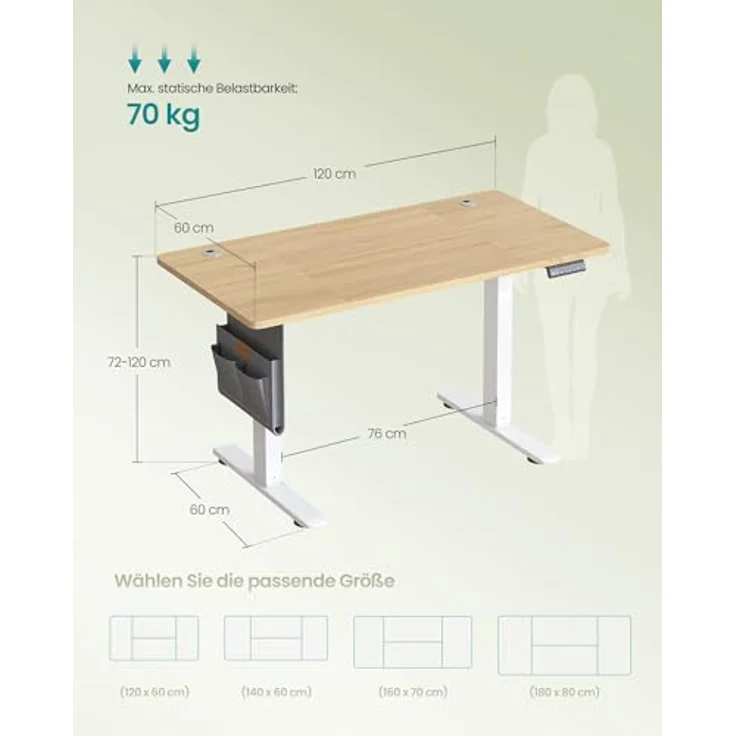 SONGMICS Höhenverstellbarer Schreibtisch elektrisch, 120x60 cm, Memory-Funktion mit 4 Höhen, USB-C-Anschluss, goldeichenfarben LSD132YA01 – Bild 3