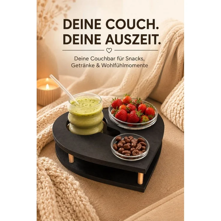 PEGSEN Servierplatte Couchbar Herz aus Holz mit Getränkehalter & 2 Snackschalen, Birkenholz, (Geschenkset, 3-tlg, lebensmittelechte Glasschalen, Snackbox, Sofa Tablett), alles steht stabil & sicher, perfekte Geschenkidee – Bild 2