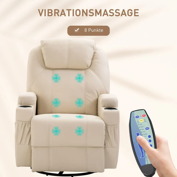 Wohnora-Relaxsessel Massagesessel Fernsehsessel mit Liegefunktion Vibration Fußteil Seitentasche, TV Sessel Liegesessel Ruhesessel für Wohnzimmer, Cremeweiß,H 1090cm x T 840cm x B 920cm – Bild 5