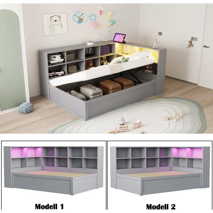 Bett 90x200 cm aus Massivholz mit Stauraum und LED-Beleuchtung – Bild 3