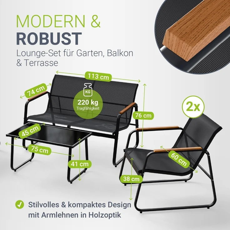 Juskys Gartenmöbelset Genua 4-tlg. – Anthrazit, Outdoor Sitzgruppe mit Armlehnen, Tisch & Bank, wetterfestes Textil, LongLife Stahlgestell – Bild 4