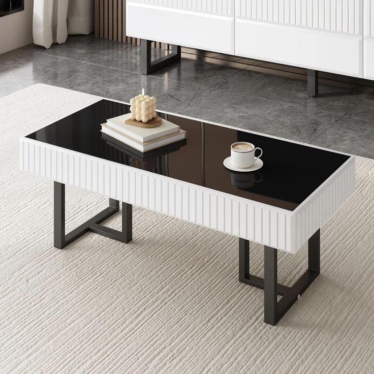 Couchtisch mit hochglänzender Tischplatte & Metallgestell, 110x50,5x41 cm, Schwarz/Weiß – Bild 2
