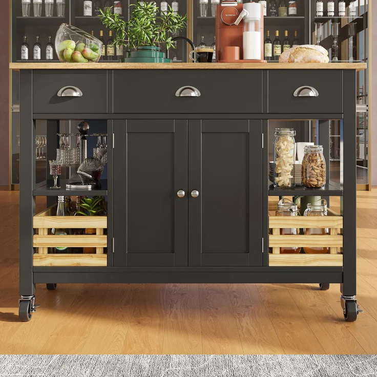 Kücheninsel 120 cm Schwarz & Natur, Küchenwagen mit klappbaren Seiten 73 cm, multifunktionaler mit Schublade und verstellbaren Ebenen – Bild 2