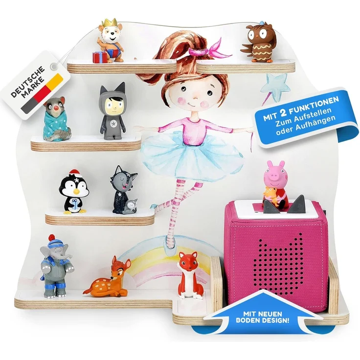 stadtecken Holzregal für Musikbox I passend für die Toniebox und ca. 35 Tonies I Perfekte Aufbewahrung im Kinderzimmer I zum Aufstellen oder Aufhängen (Ballerina)