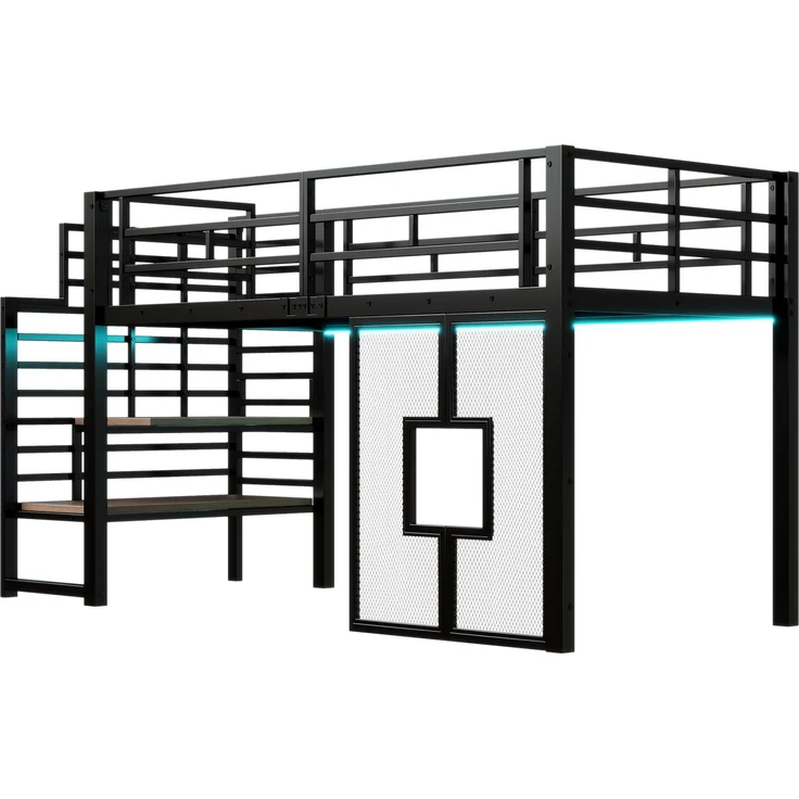 U-life Metall-Hochbett 90x200 cm mit Stauraumtreppe, LED-Beleuchtung und Fenster, Schwarz – Bild 5