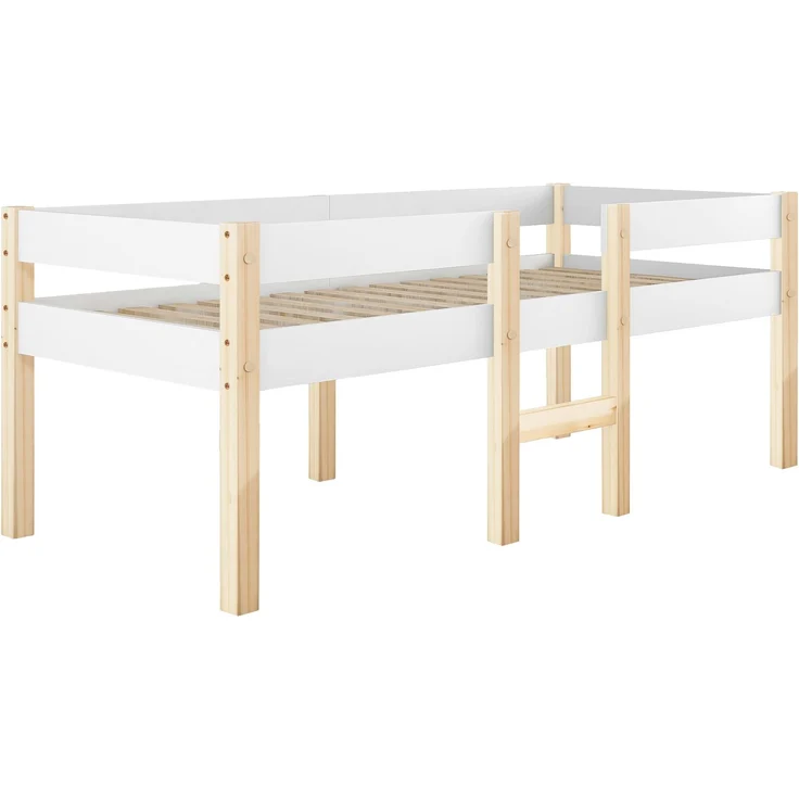 Bett Kinderbett mit Rausfallschutz, Kiefer-Vollholz-90x200 cm-Weiß & Eiche – Bild 8