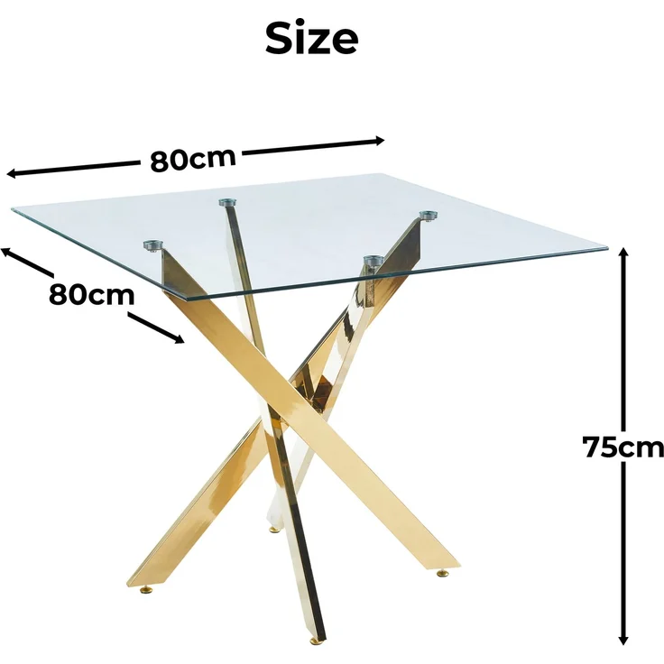 Esstisch 80x80x75 cm mit Glasplatte und goldfarbenem Metallgestell, modern und pflegeleicht – Bild 3