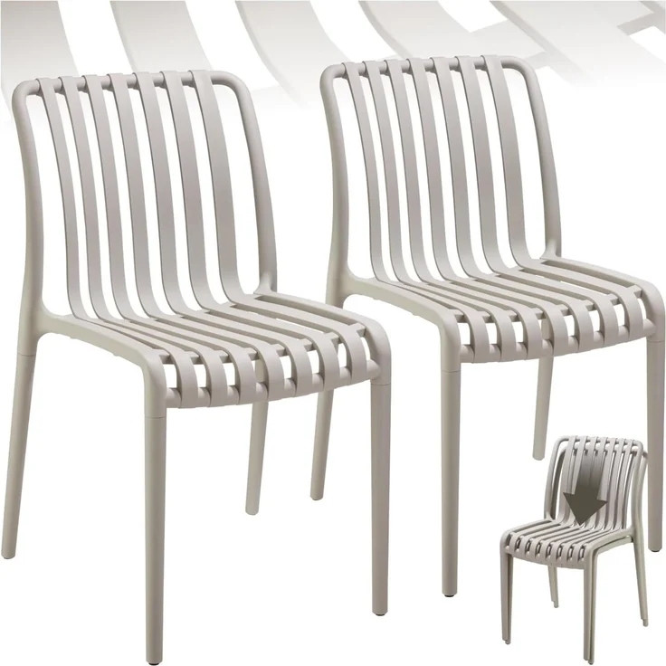 tectake Gartenstuhl Balkonstuhl, stapelbar, Belastbarkeit 110 kg, 47 x 58 x 80,5 cm (Terrassenstuhl Alcudia für Außen in Taupe, 2 St), wetterfest und UV-beständig, pflegeleicht, rutschfeste Gummischoner – Bild 1