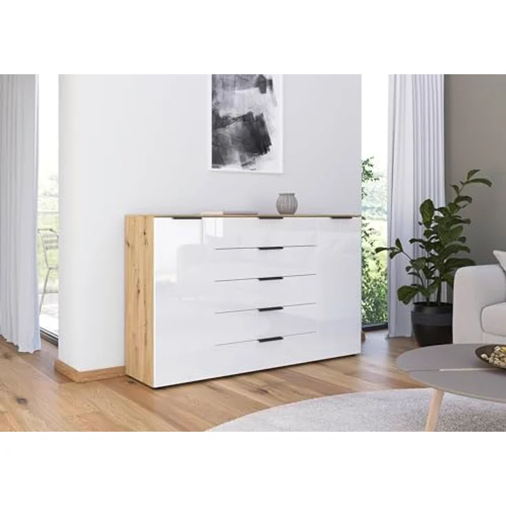 Rauch Möbel Flipp, Kombikommode, Kommode mit Stauraum für Wohnzimmer, Schlafzimmer, Flur, 4 Fachböden, Eiche Artisan/Glasfront Weiß, 2-türig, Glastüren, 5 Schubkästen, Griffe graphit, 160 x 100 x 42 cm – Bild 3