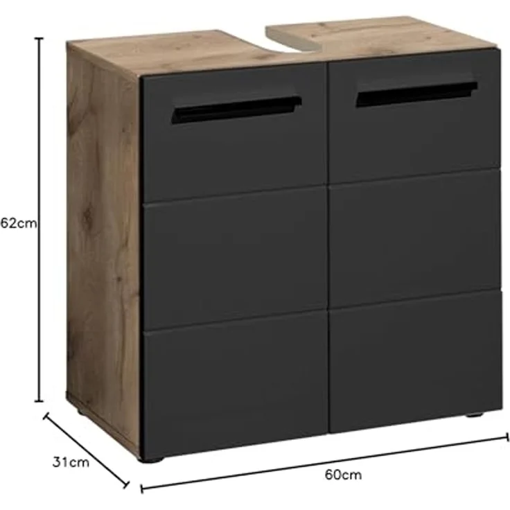Waschbeckenunterschrank >Vista< 2 Türen, 1 Boden, schwarz / viking oak Dekor - 60x62x31 (BxHxT) – Bild 3