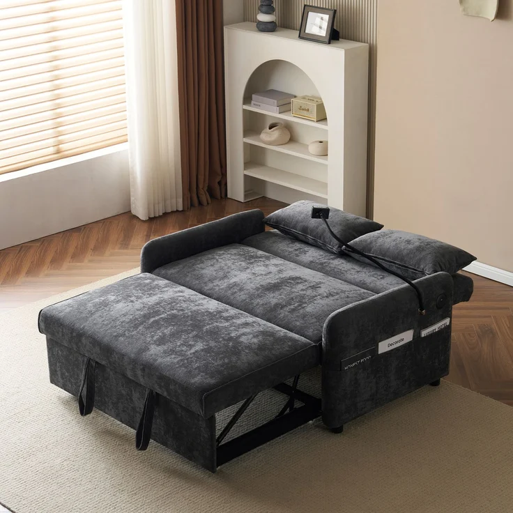 ZUBALIYA Schlafsofa 163x81 cm, mit USB - Anschluss, mit Ausziehbett, mit Chenille - Bezug, mit Samtbezug, mit Schaumstoffpolsterung, Weiß – Bild 5