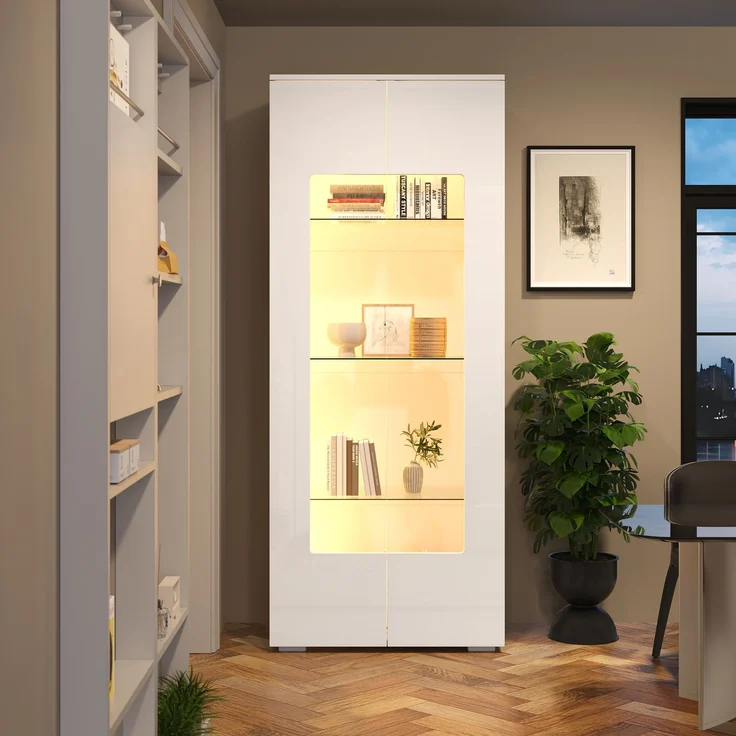 70*40*173cm Wohnzimmervitrine,Vitrine mit 2 Acryltüren,Hochglanzvitrine mit LED-Lichtleiste,Tragender Schrank aus gehärtetem Glas,Wohnzimmer breiter Schrank, Hochschrank,MDF, weiß – Bild 2