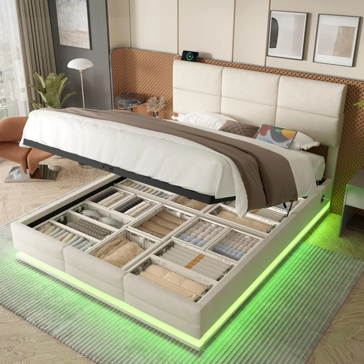 FAVSH Polsterbett 140x200 cm mit Stauraum, USB- und Type-C-Anschlüssen, LED-Beleuchtung, hydraulischem Bettkasten, verstellbarem Kopfteil und Lattenrost, Beige, ohne Matratze