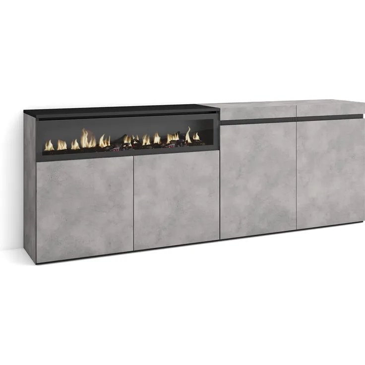 Skraut Home | Sideboard, Highboard | Kommode, Komodenschrank | 200 x 75 x 35 cm | 4 Türen | Elektrokamin. Maße | Moderner Stil | Zement