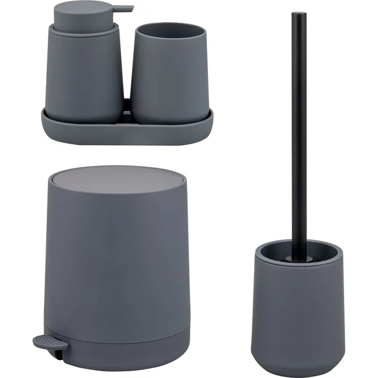 Bad-Accessoires Set TESERO 5tlg. bestehend aus 1x Seifenspender, 1x Becher, 1x Schale, 1x WC-Garnitur, 1x Kosmetikeimer aus Kunststoff in Grau