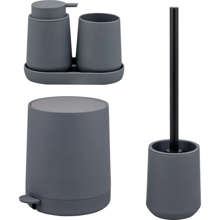 Bad-Accessoires Set TESERO 5tlg. bestehend aus 1x Seifenspender, 1x Becher, 1x Schale, 1x WC-Garnitur, 1x Kosmetikeimer aus Kunststoff in Grau – Bild 1
