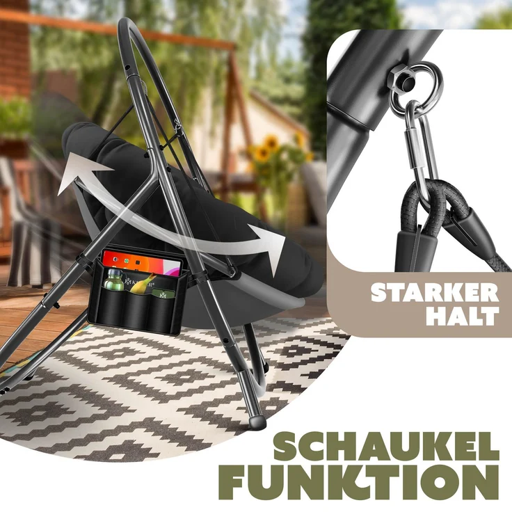 KESSER® 'BALI' Hängesessel, mit Gestell, bis 150kg, für Indoor und Outdoor + Kissen & Seitentasche, Stahlgestell/Schaumstoff Schwarz, 167,5 x 140 x 115,5 cm – Bild 5