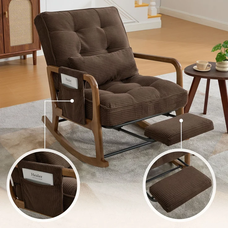LVHOM Schaukelstuhl mit ausziehbarer Fußstütze, Relaxsessel mit verstellbare Rückenlehne, Loungesessel mit Seitentasche, bis 150 kg belastbar, Braun – Bild 5