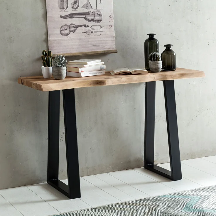 Konsolentisch GAYA 120cm Akazie Massivholz Landhausstil Baumkante Metallbeine – Bild 3