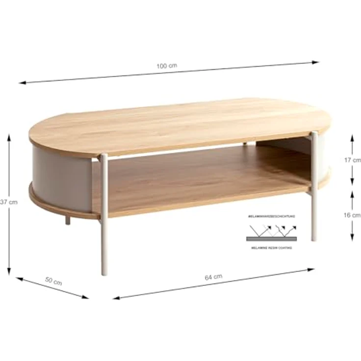 XXXL Couchtisch, Eiche hellgrau, oval, Metall, 54x37x100 cm, offenes Fach – Bild 3