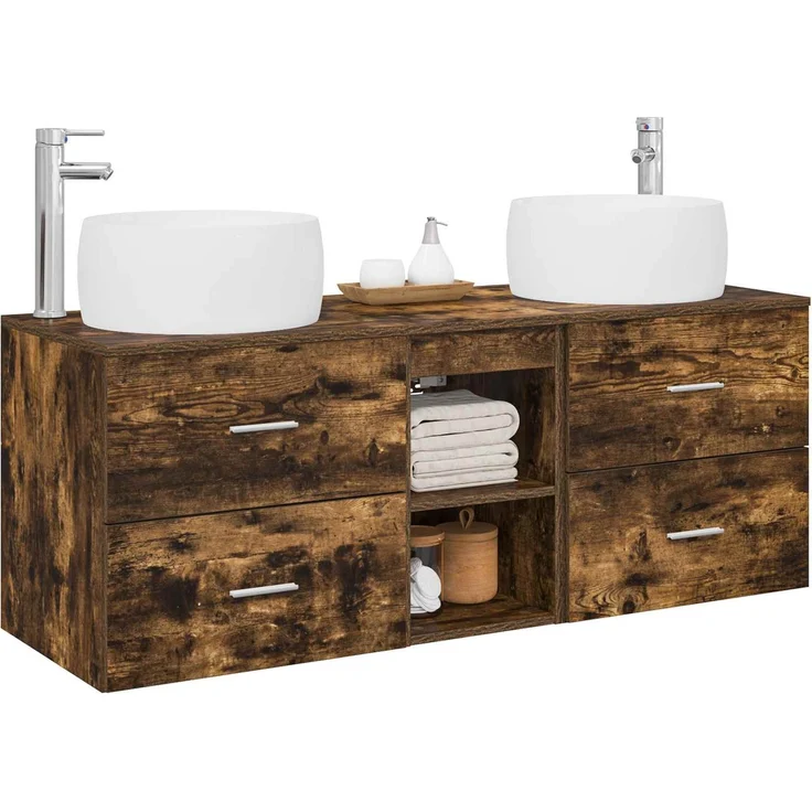 vidaXL Wandmontiertes Badezimmerschrank-Set 3 stk. Geräucherte Eiche 3405927 – Bild 3