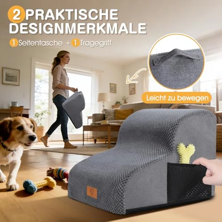 Zvonema wasserdichte Hundetreppe 2 Stufen,Waschbar Leiter Hundetreppe für Kleine Hunde und Katzen, Abnehmbare Haustiertreppe Tragbar Katzentreppe für Sofa Bett, Senden 1 Fusselrolle – Bild 9