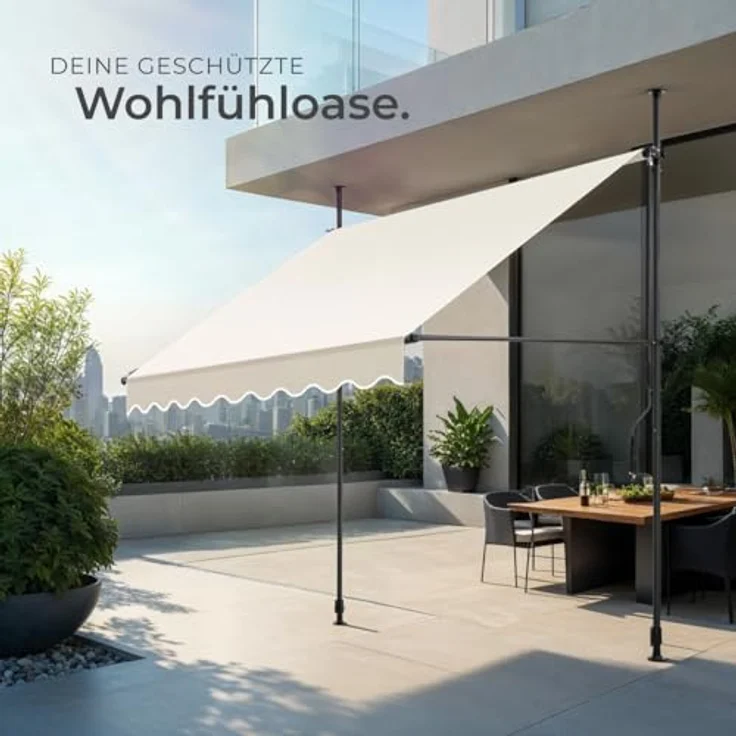 tectake® Klemmmarkise mit Handkurbel, Balkon Markise ohne Bohren, Markise höhenverstellbar, UV-beständig, wasserabweisend, Terrassenüberdachung, Sonnenschutz Terrasse & Balkon, Breite 200 cm - beige – Bild 8