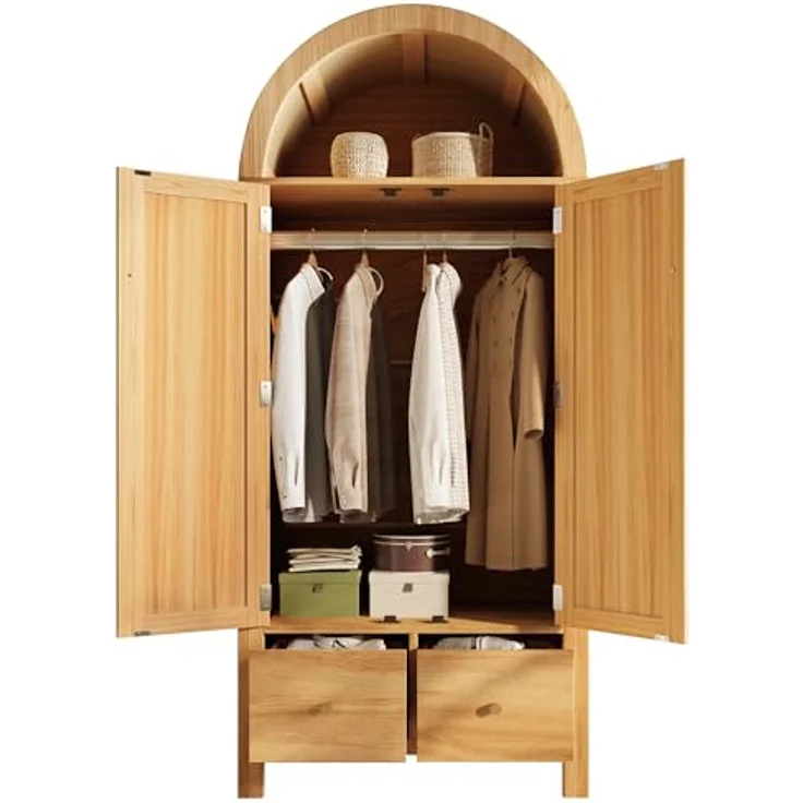 Arcus Gewölbter Kleiderschrank mit Rattan-Türen, 3 Staubereichen, 2 Schubladen für Schlafzimmer & Eingangsbereich (Naturfarbe) – Bild 7
