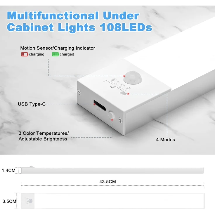 OUILA Unterbauleuchte Küche LED 43.5CM, 2 Stück 3 Farbmodi Dimmbar Schrankbeleuchtung, 108LEDs küchenlicht Bewegungsmelder Innen Lampe 2500mAh USB Wiederaufladbar, Leiste Für Regale, Kleiderschrank – Bild 6