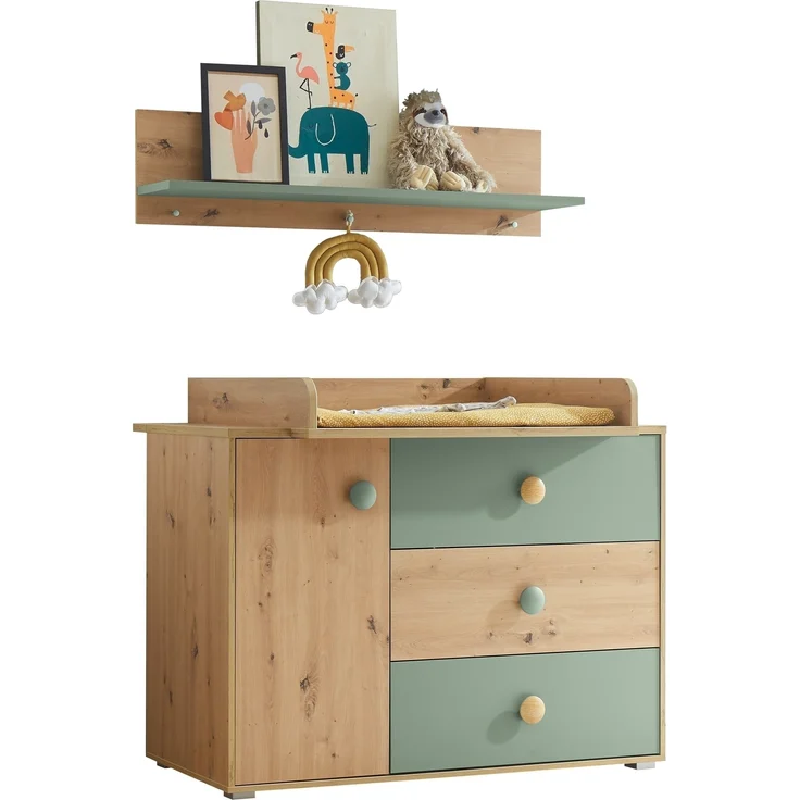 Wandboard >Birta< 3 Haken, Ablage, Artisan Eiche Dekor / Salbei - 120x30x25,5cm (BxHxT) – Bild 4