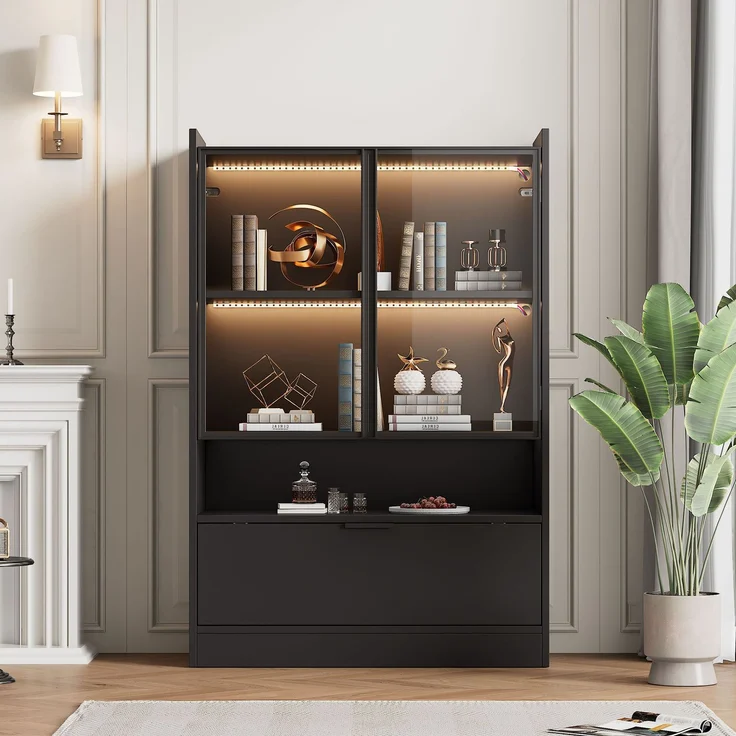 N625P250568569S) Moderne LED Vitrine Schwarz Matt Höhe 120cm mit app LED-Beleuchtung, Glasvitrine Standvitrine mit Beleuchtung, Wohnzimmerschrank mit Glastüren und Klapptür, Spanplatte Display Schrank--Schwarz--80x35x120cm--YOUDENOVA – Bild 3